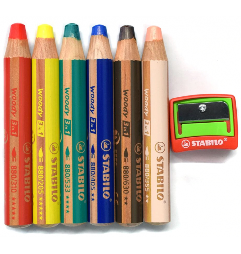 6 crayons de couleurs Woody 3 en 1 + taille crayon Stabilo | Espace Inclusif